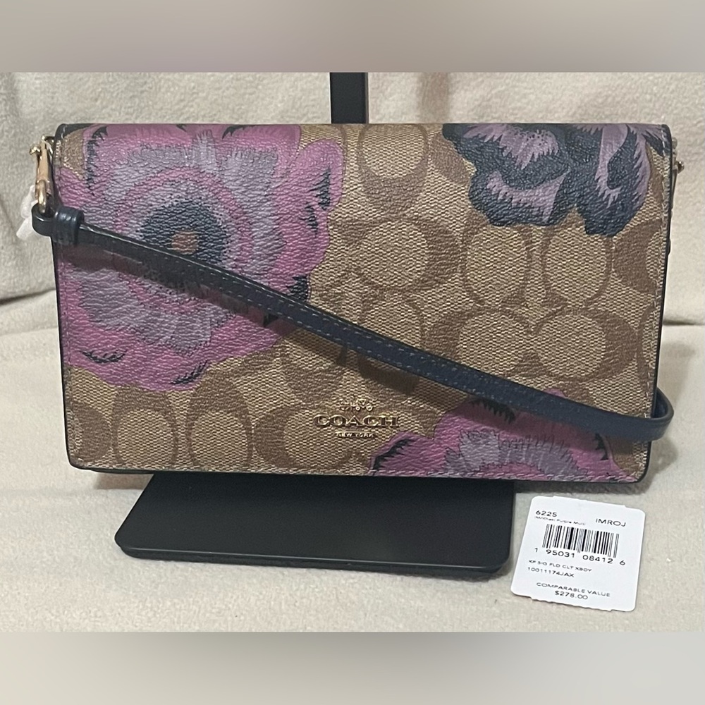 Coach Anna Foldover Crossbody Clutch Signature Canvas + Kaffe Fassett Print 6225